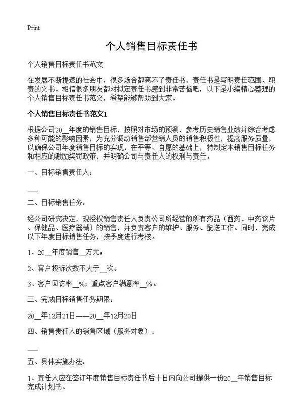 个人销售目标责任书