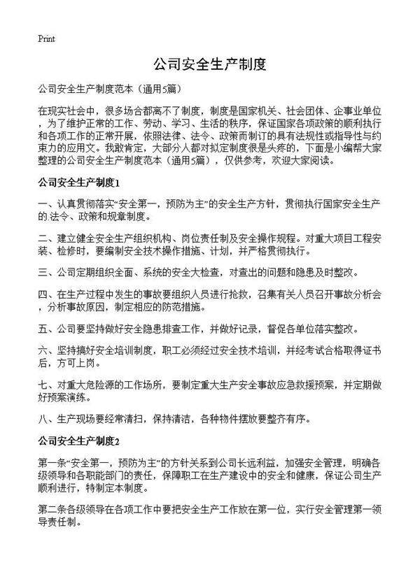 公司安全生产制度5篇