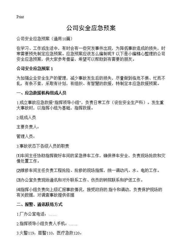 公司安全应急预案10篇