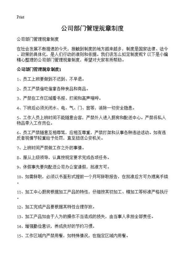 公司部门管理规章制度