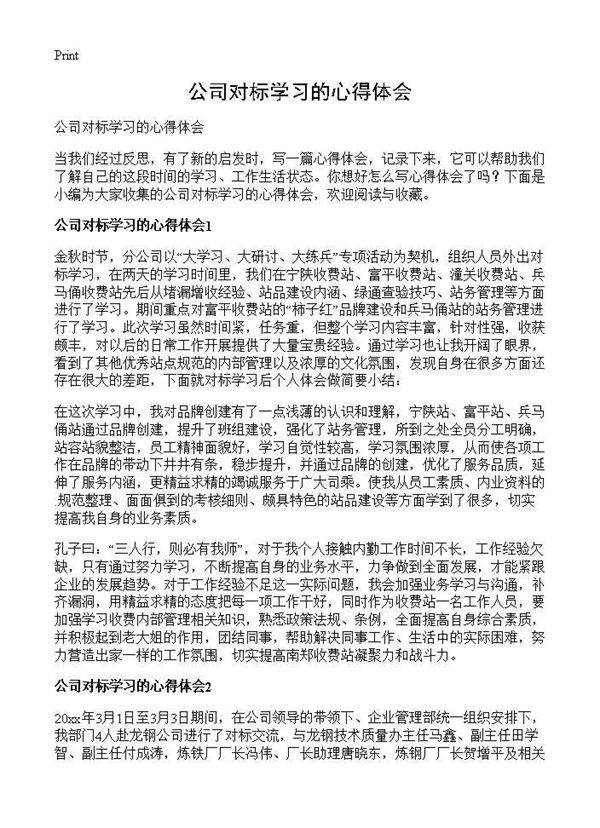 公司对标学习的心得体会