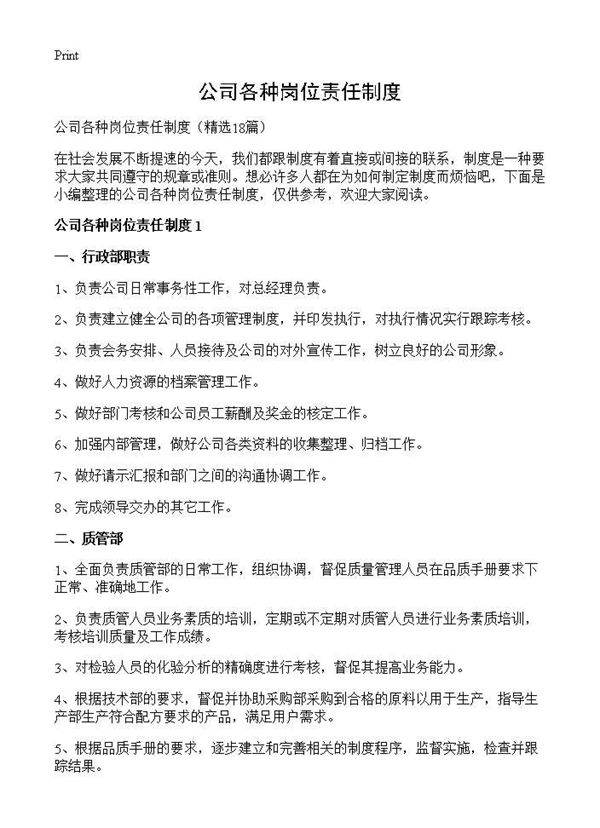 公司各种岗位责任制度18篇