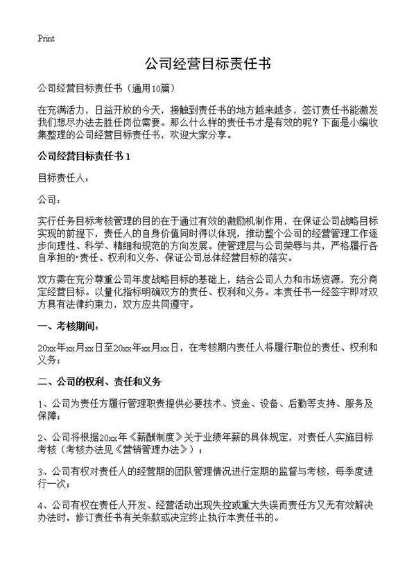 公司经营目标责任书10篇