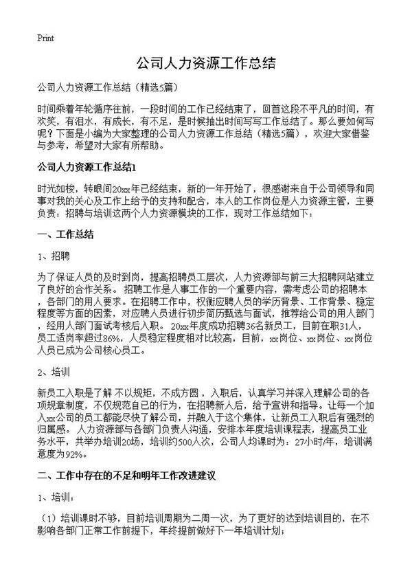 公司人力资源工作总结5篇