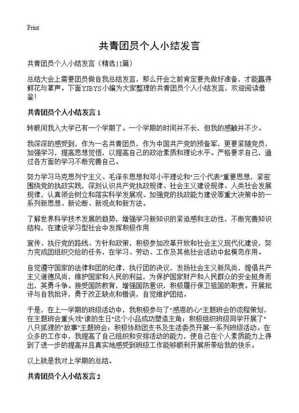 共青团员个人小结发言11篇