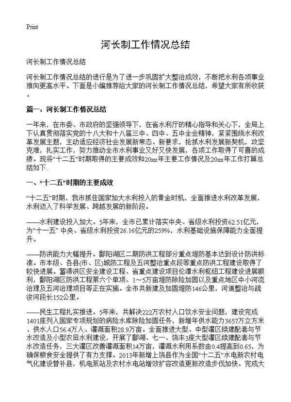 河长制工作情况总结