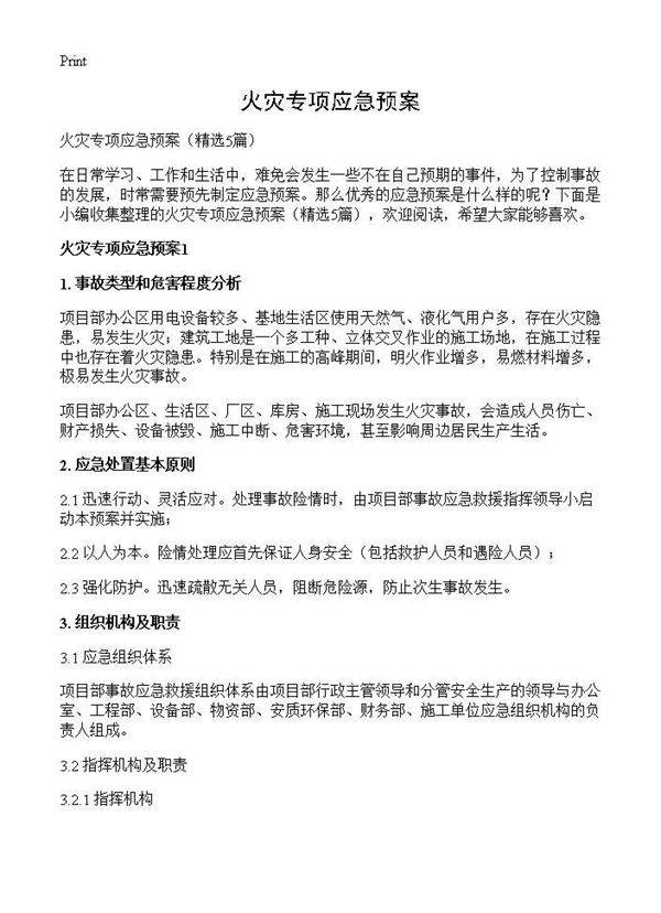 火灾专项应急预案5篇