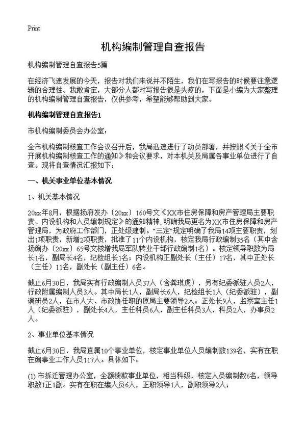 机构编制管理自查报告