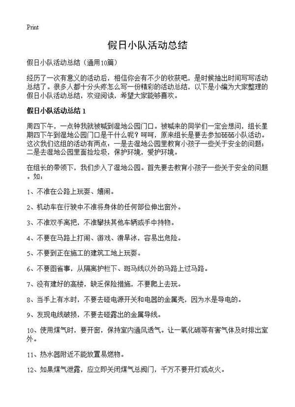 假日小队活动总结10篇