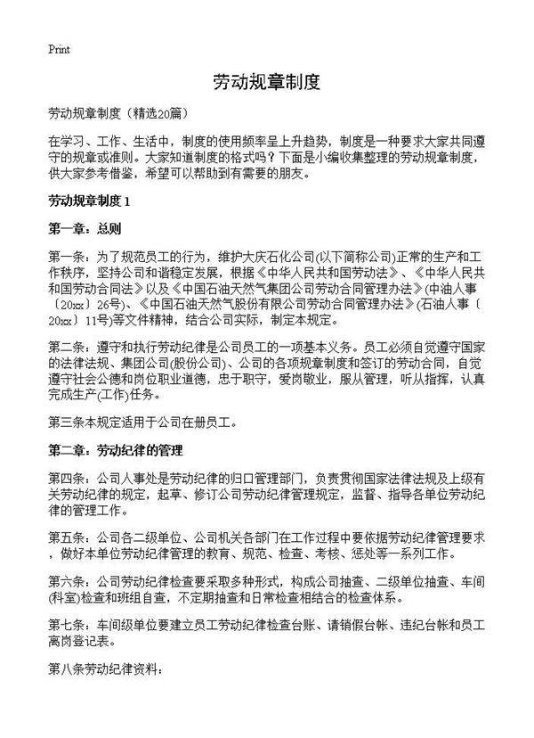 劳动规章制度20篇