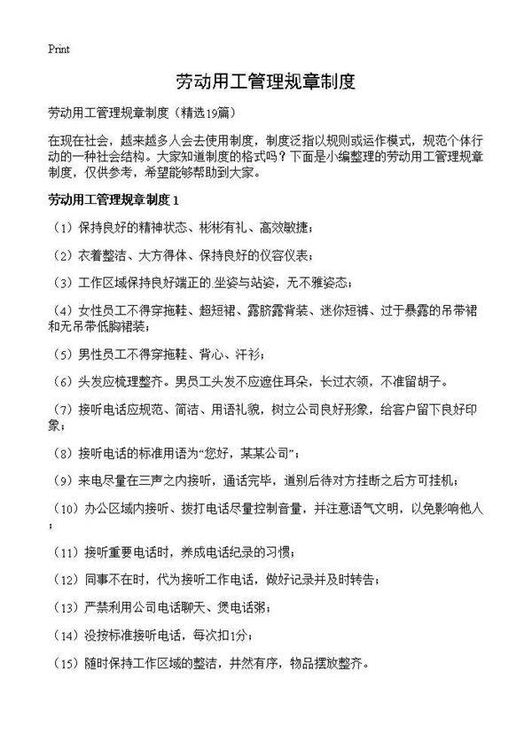 劳动用工管理规章制度19篇
