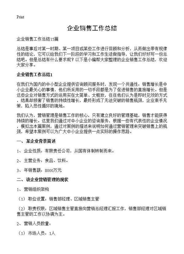 企业销售工作总结