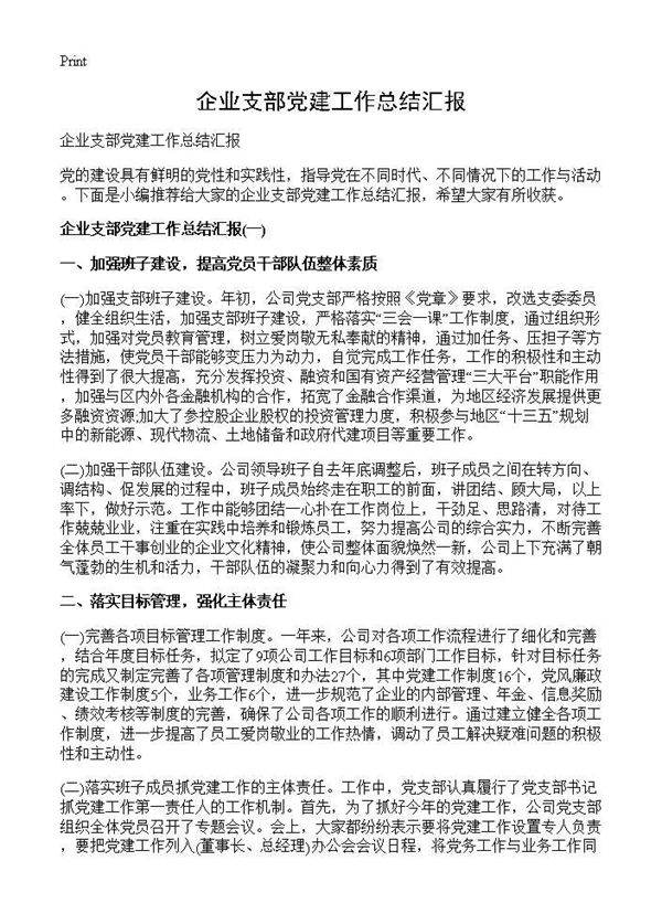 企业支部党建工作总结汇报