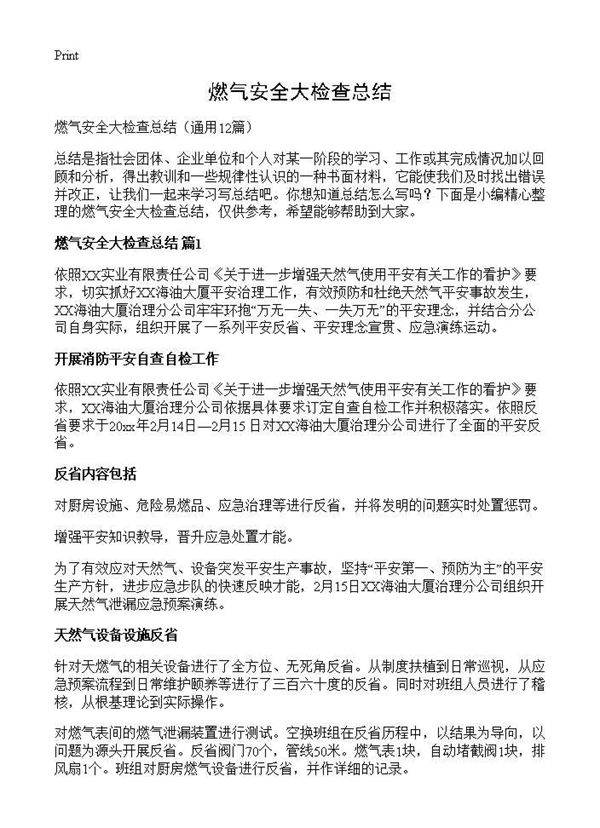 燃气安全大检查总结12篇