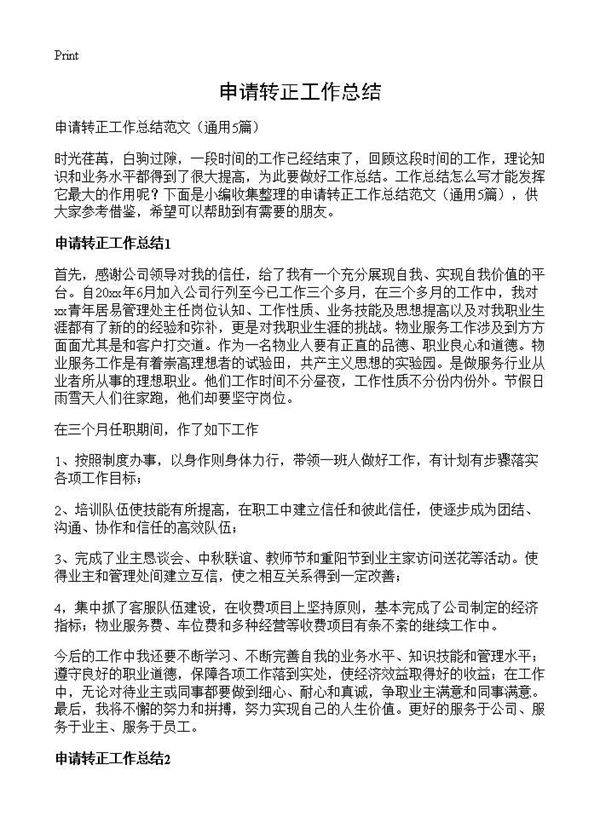 申请转正工作总结5篇