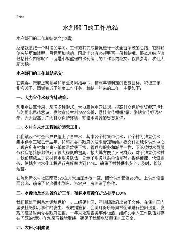 水利部门的工作总结12篇
