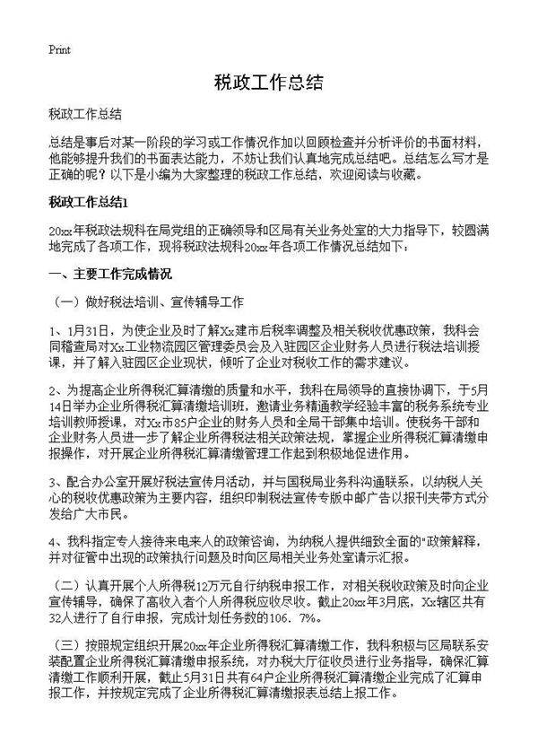 税政工作总结