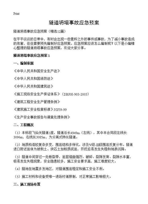 隧道坍塌事故应急预案12篇