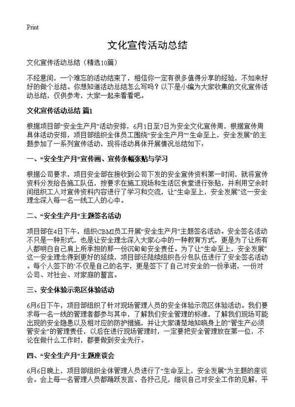 文化宣传活动总结10篇