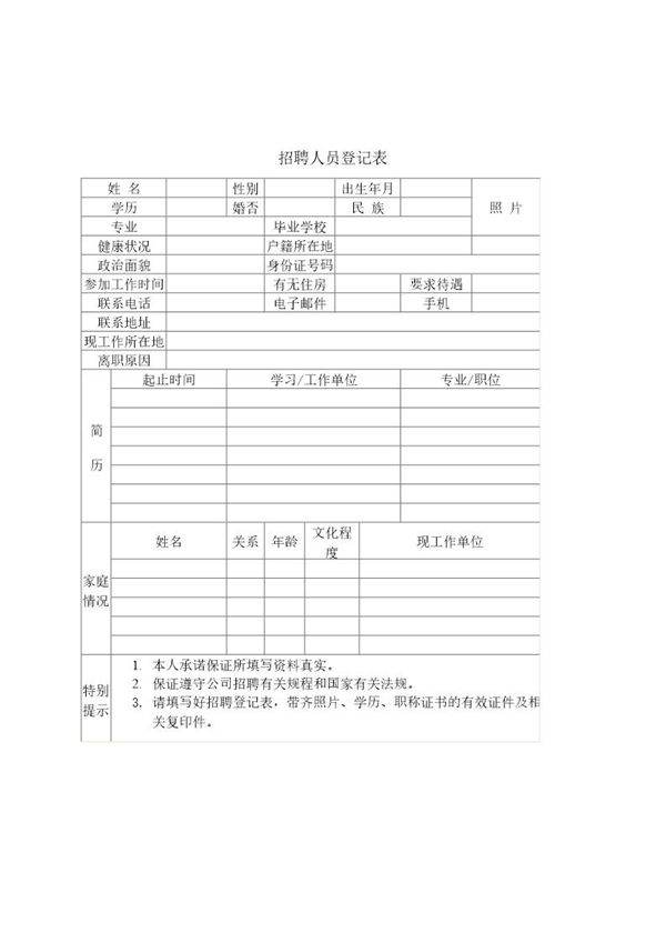 招聘人员登记表