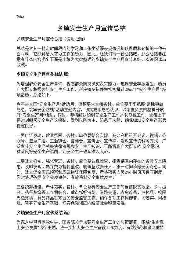 乡镇安全生产月宣传总结12篇