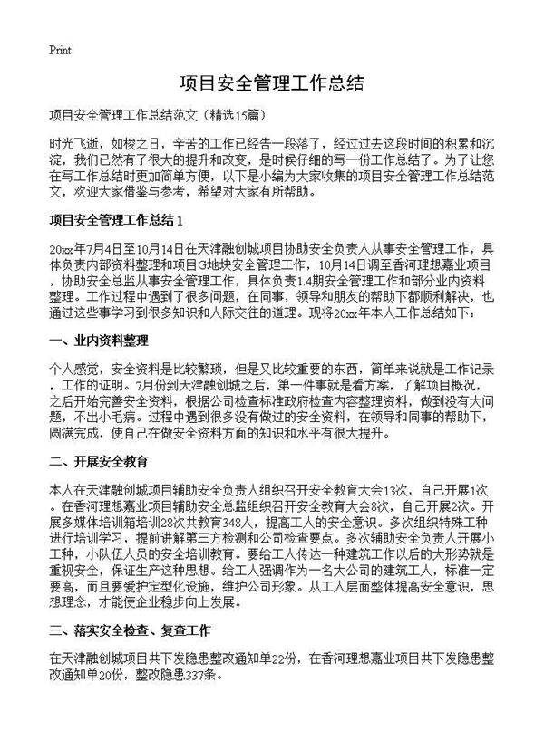 项目安全管理工作总结15篇