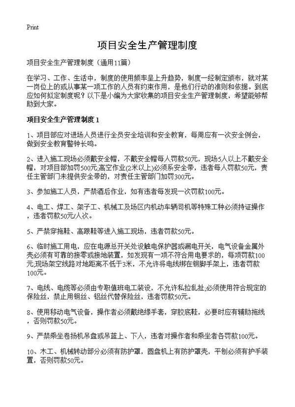 项目安全生产管理制度11篇