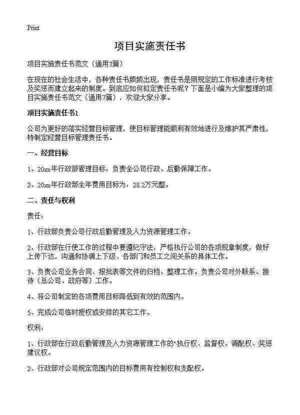 项目实施责任书7篇