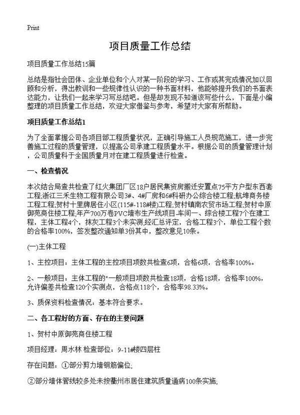 项目质量工作总结