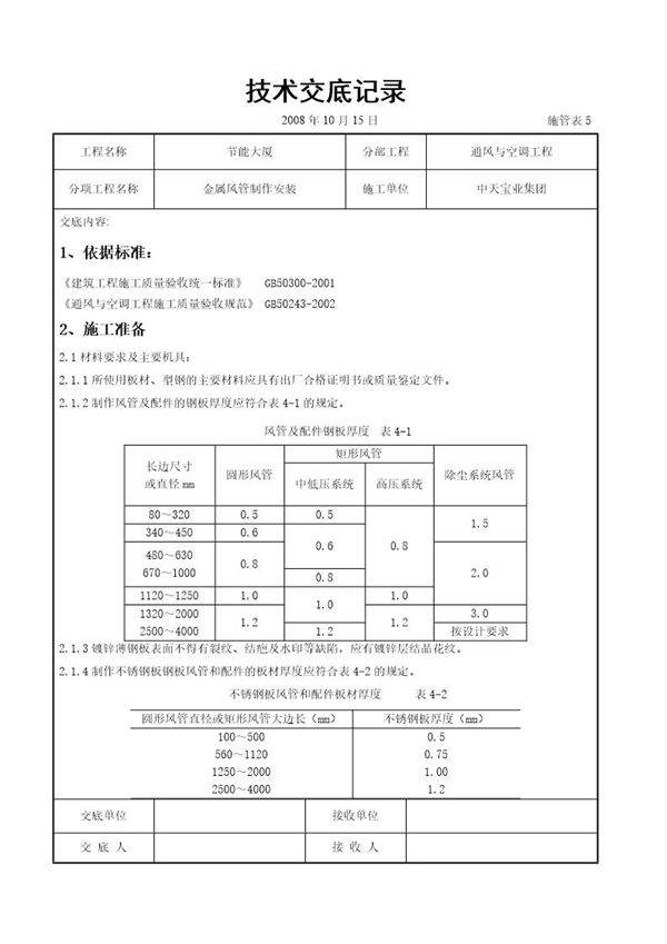 金属风管制作安装施工交底记录
