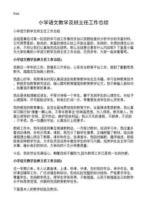 小学语文教学及班主任工作总结