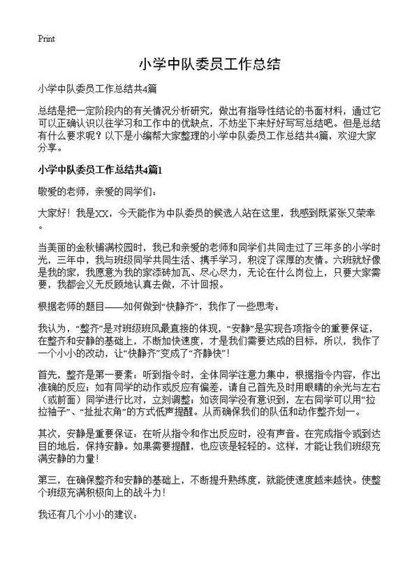 小学中队委员工作总结