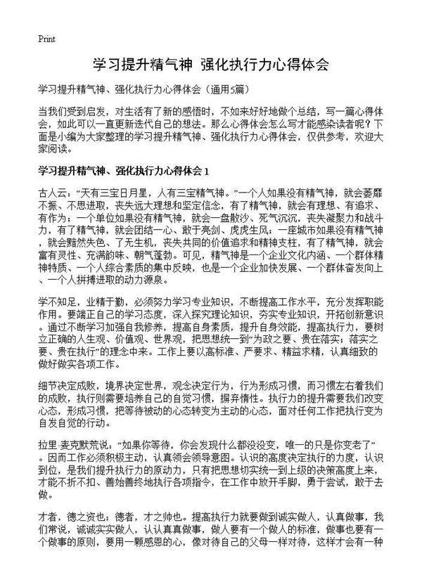 学习提升精气神 强化执行力心得体会5篇