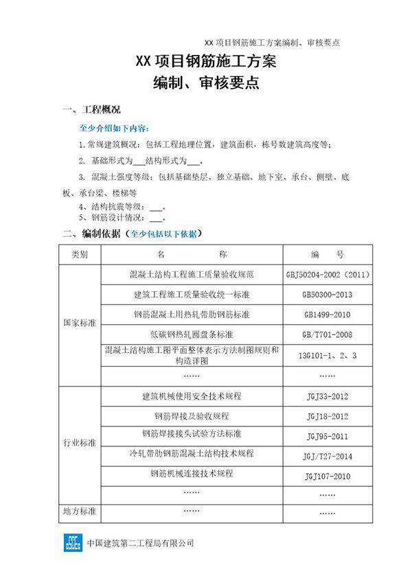 XX项目钢筋施工方案编制 审核要点号