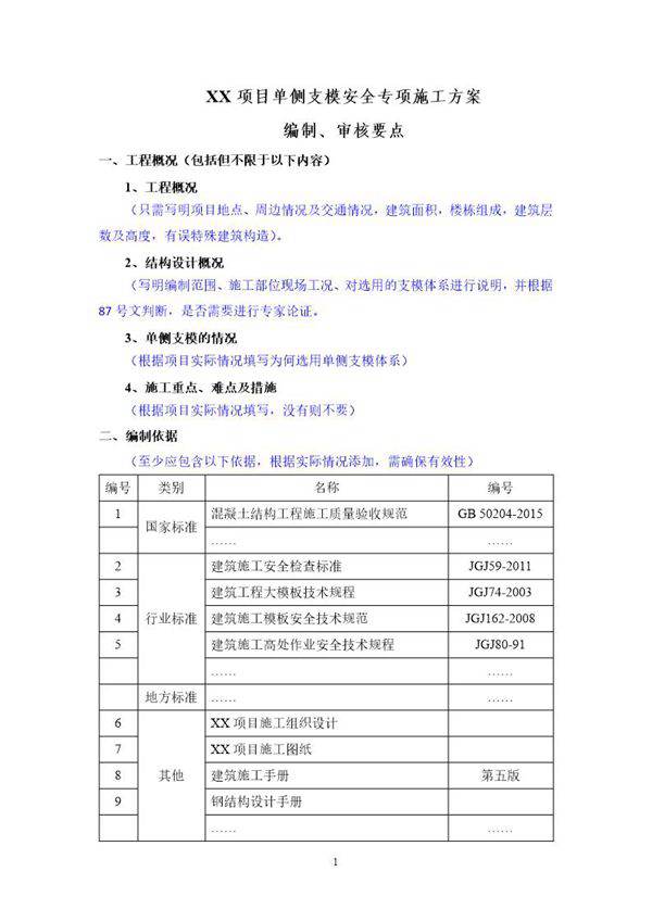xx项目单侧支模安全专项施工方案编制 审核要点号