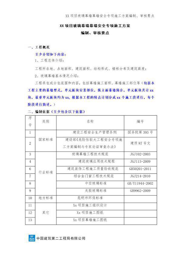xx项目玻璃幕墙安全专项施工方案编制审核要点号