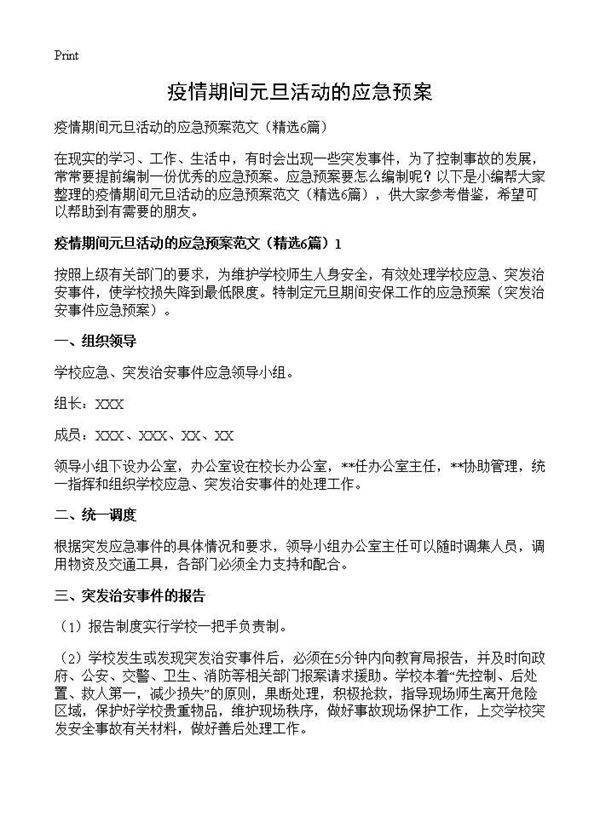 疫情期间元旦活动的应急预案6篇