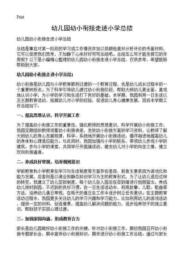 幼儿园幼小衔接走进小学总结