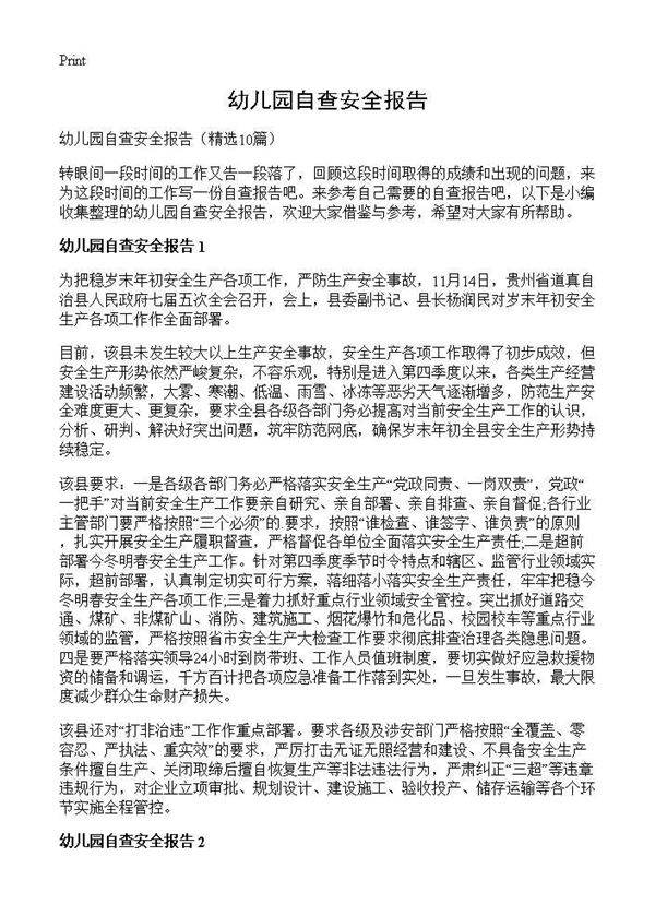 幼儿园自查安全报告10篇