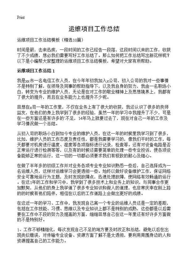 运维项目工作总结10篇