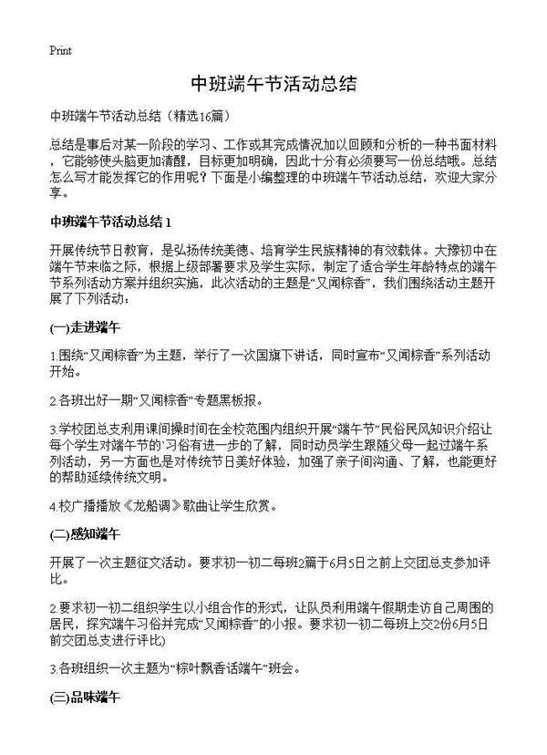 中班端午节活动总结16篇