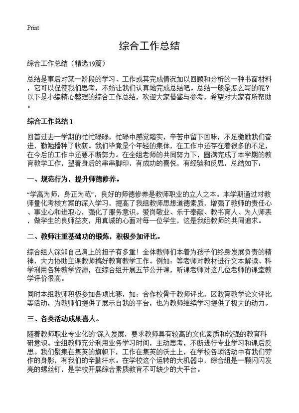 综合工作总结19篇