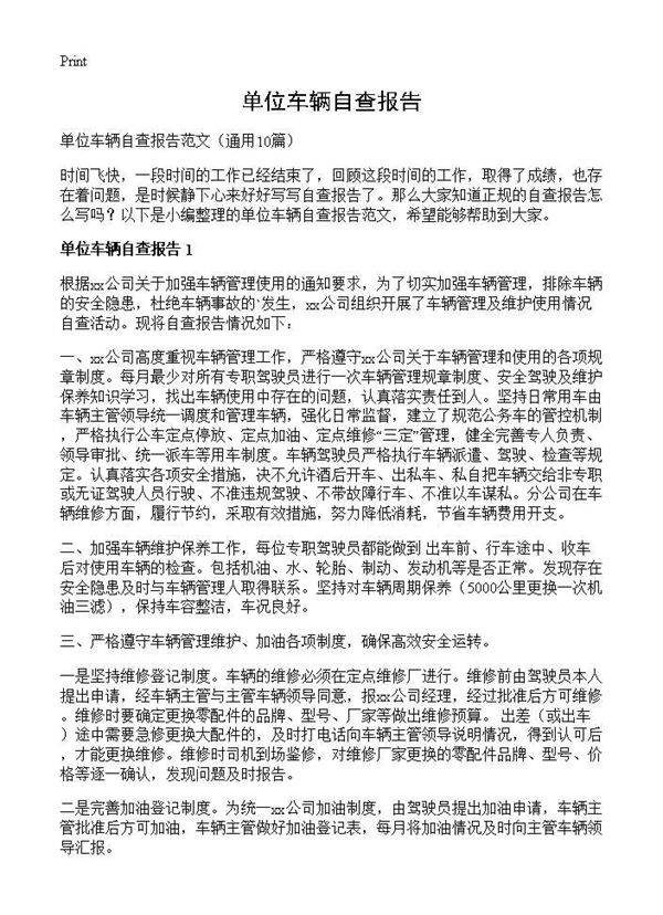 单位车辆自查报告10篇