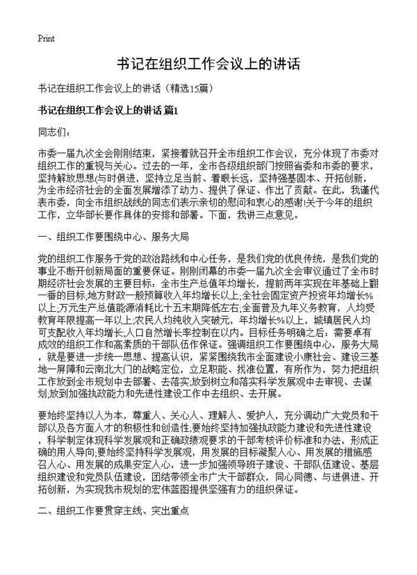 书记在组织工作会议上的讲话15篇