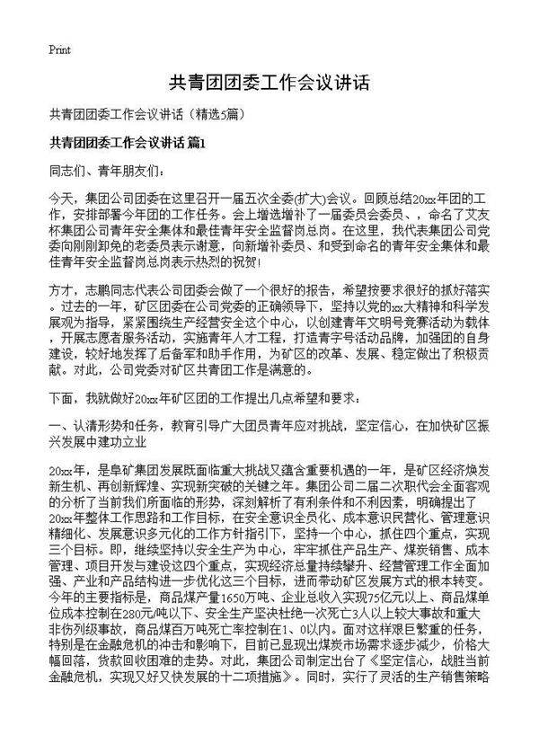 共青团团委工作会议讲话5篇