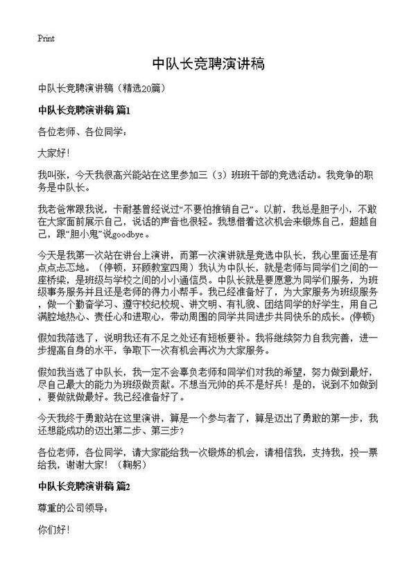 中队长竞聘演讲稿20篇