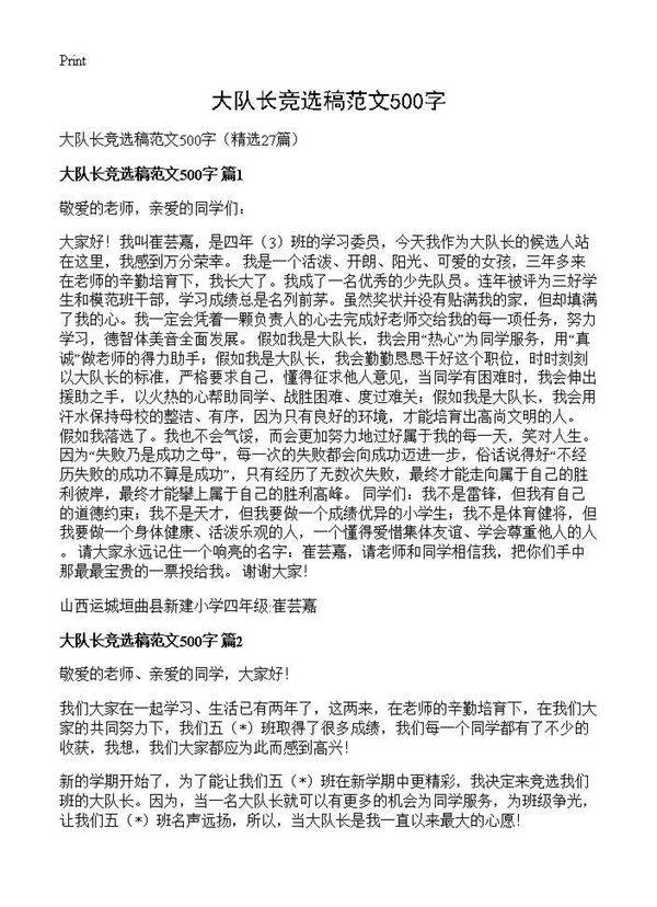 大队长竞选稿范文500字27篇