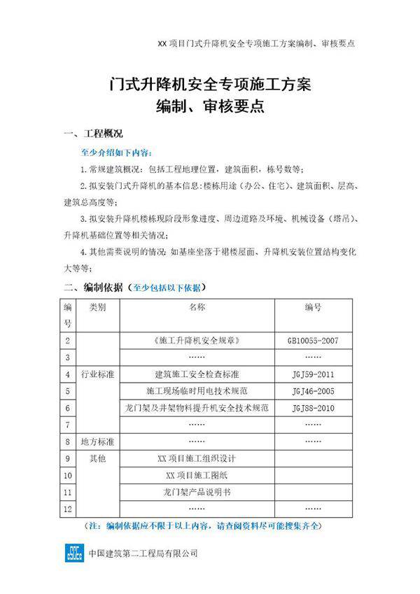XX项目门式升降机安全专项施工方案编制 审核要点号