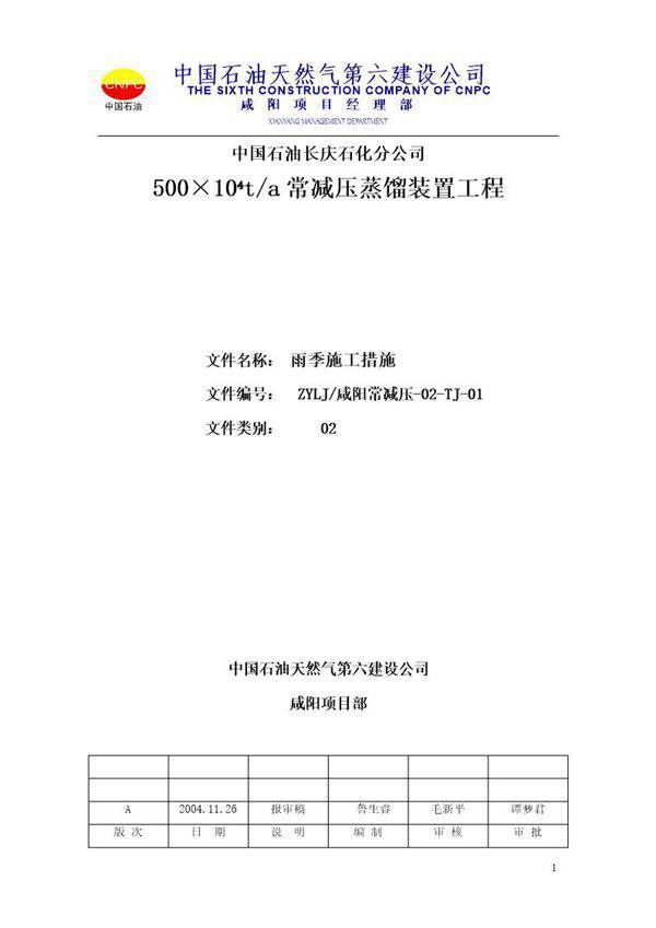 中国石油长庆石化分公司500×104t常减压蒸馏装置工程雨季施工措施