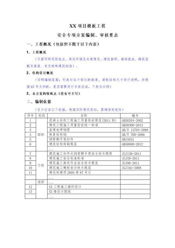 XX项目模板工程施工方案编制 审核要点号